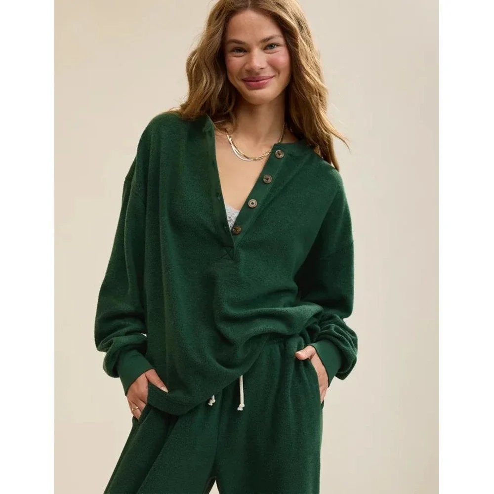 Aerie Women‎ Sherpa Henley Sweater XL Oversized Fleece Sweatshirt Green Lounge
